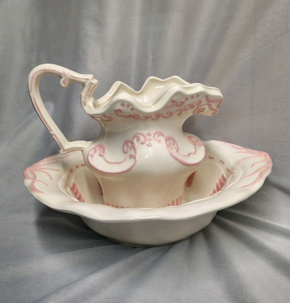 Vintage 1970s Arnels Pink & White Pitcher And Wash Basin Bowl mid century modern